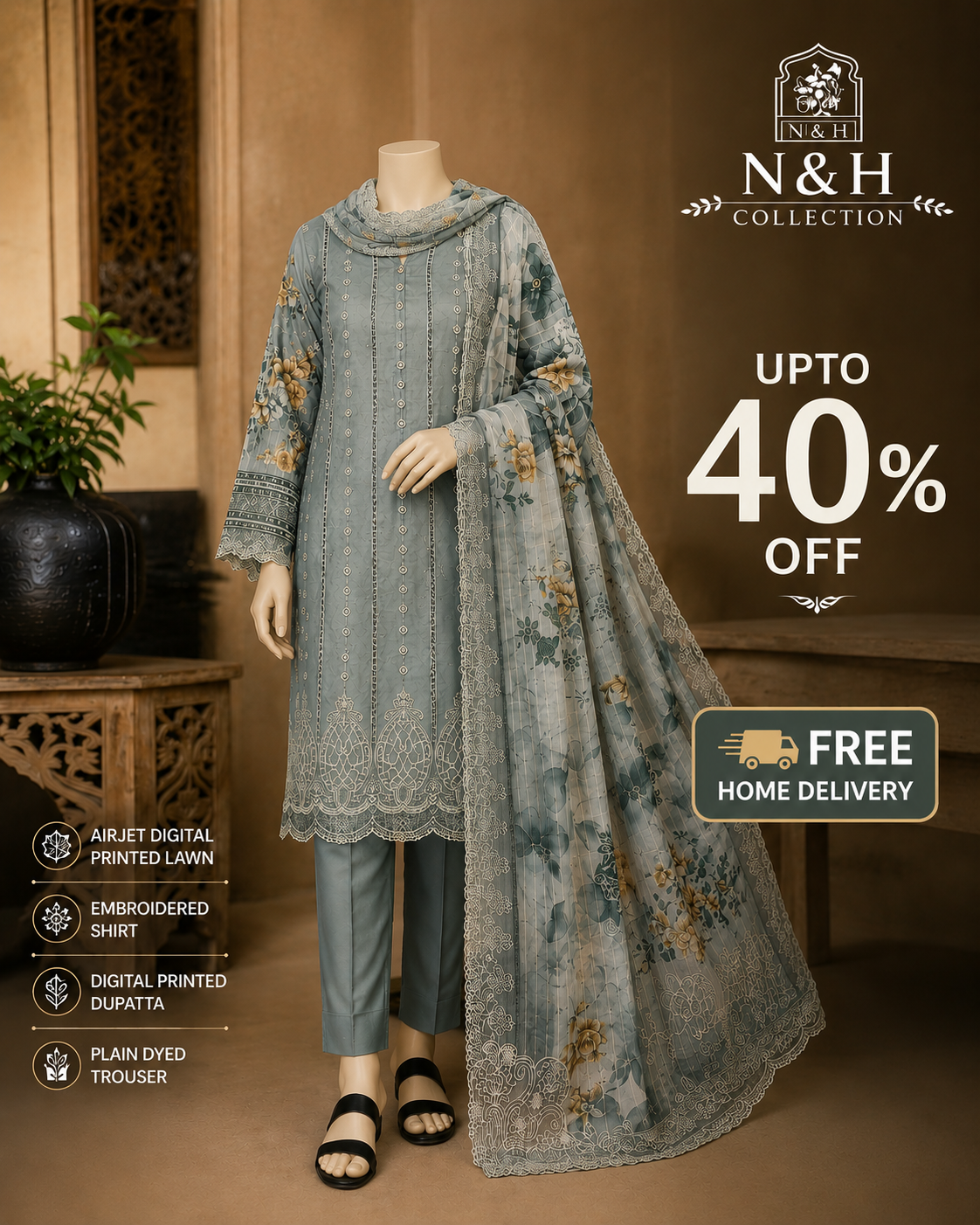 Gulkari Premium Embroidered 3-Piece Lawn Suit