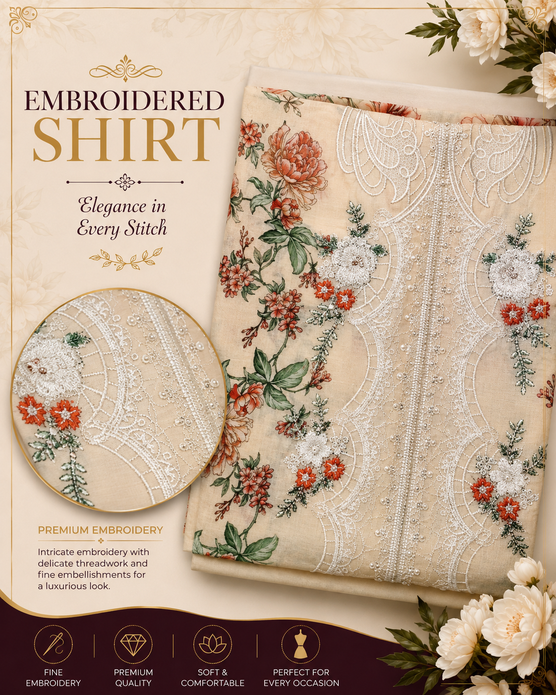 Gulkari Unstitched 3 Piece Embroidered Lawn Suit - Image 5