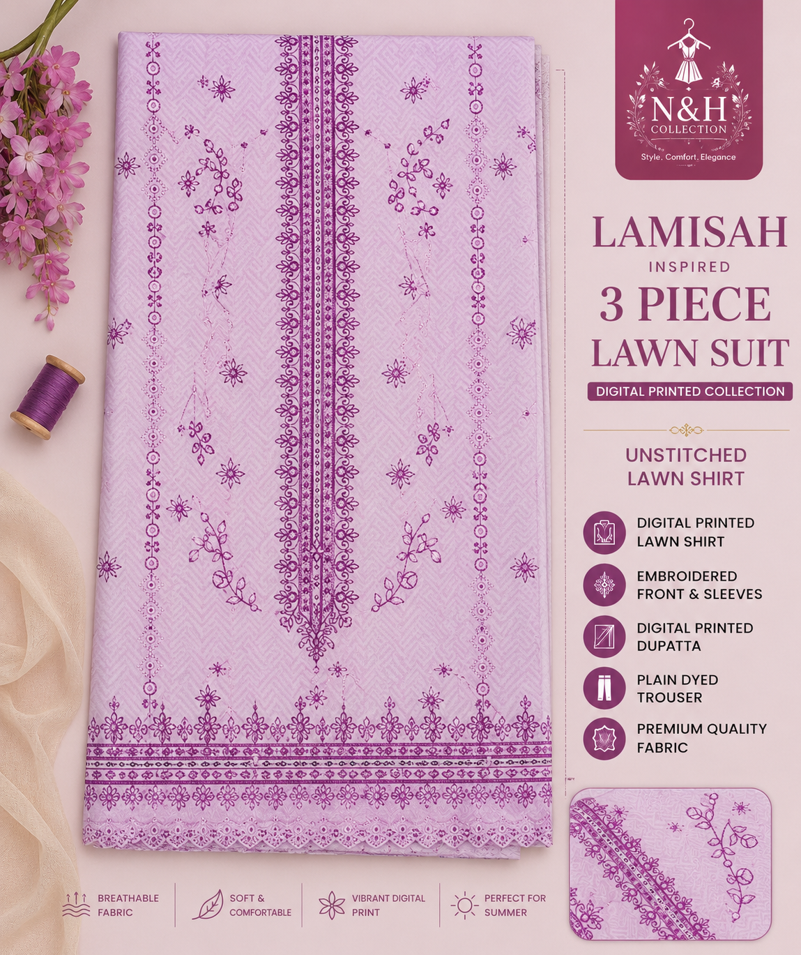 Lamisah Inspired 3 Piece Lawn Suit - Image 2